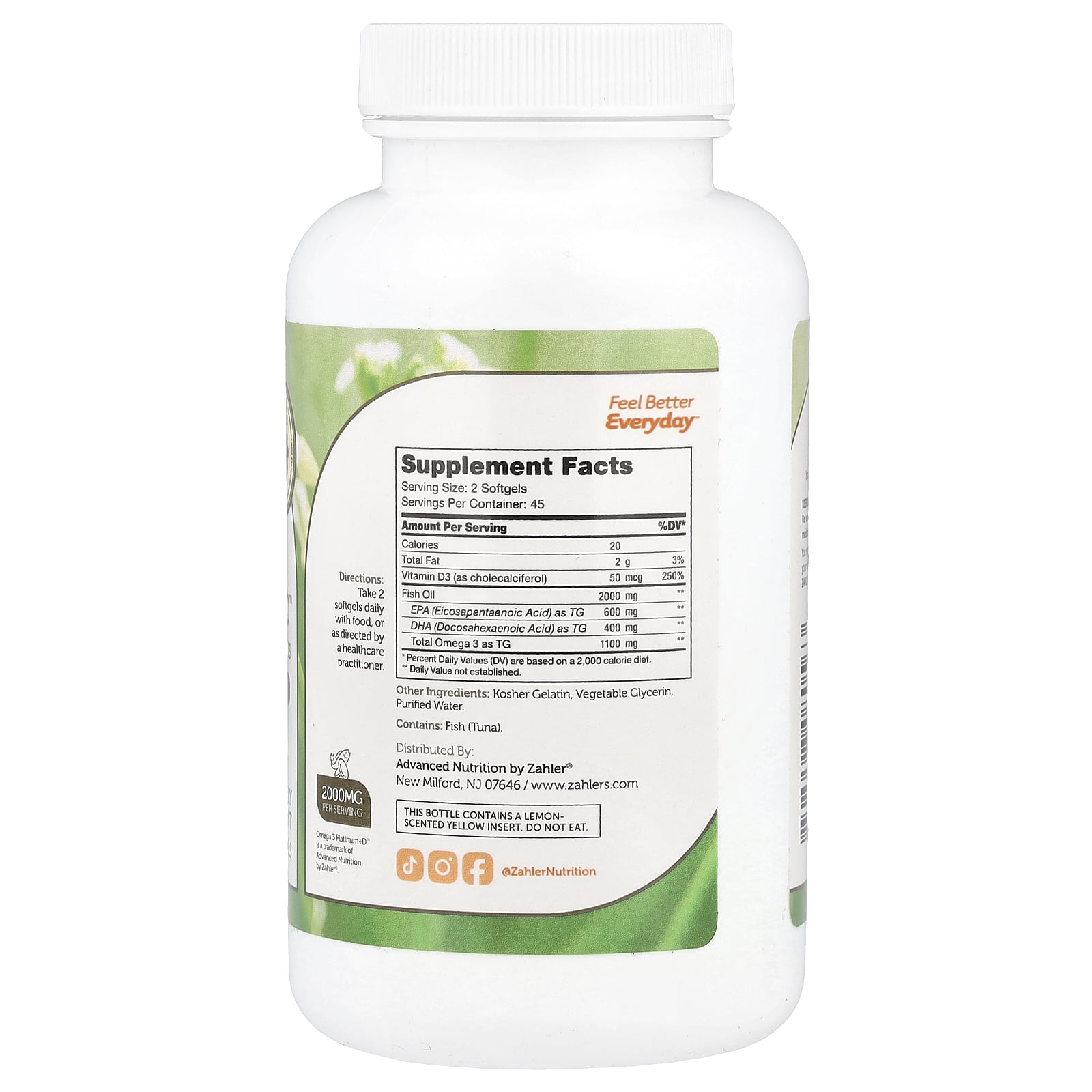 Zahler Omega 3 Platinum+D, 2,000 mg, 90 Softgels, Omega 3, Omega 3 Fish Oil, Omega & Fish Oil Omega 3 with Vitamin D