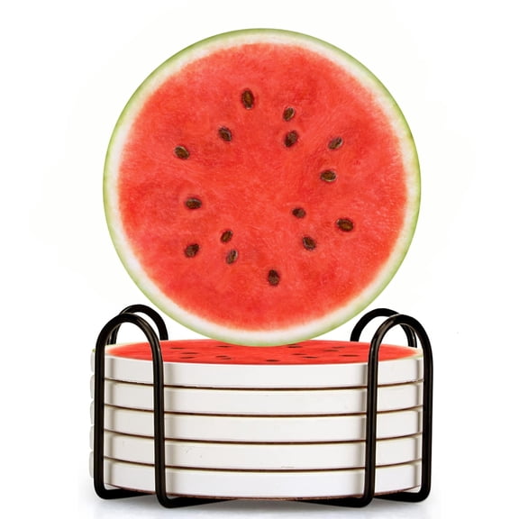 Cross-Section Of Watermelon Set of 6 Ceramic Coasters with Holder, Absorbent Drink Bar Coasters, Table Coasters for Living Room Decor Tabletop Protection