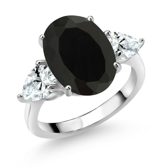 Gem Stone King 925 Sterling Silver Black Onyx and White Created Sapphire Ring for Women (7.00 Cttw, 14X10MM Oval and 7X5MM Pear Shape, Gemstone December Birthstone, Size 7)