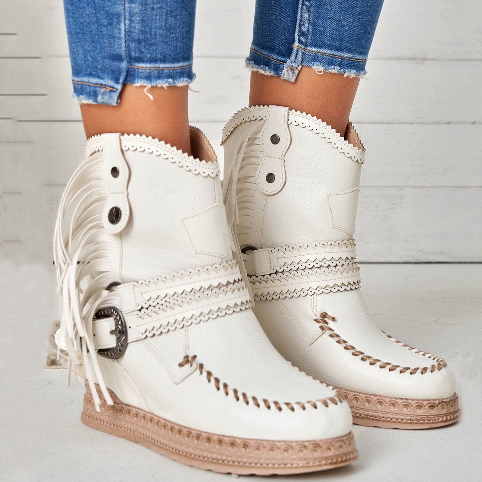 TANGNADE Vintage Women Fringed Western Boots Fashion Solid Color Slip On Boots Outdoor Chunky Heel Booties Shoes - Walmart.com