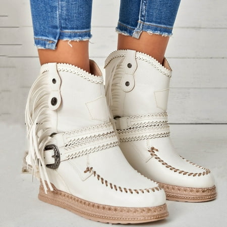 

Wefuesd Vintage Women Fringed Western Cowboy Boots Fashion Solid Color Slip On Boots Outdoor Chunky Heel Booties Shoes Booties For Women Boots For Women White 37