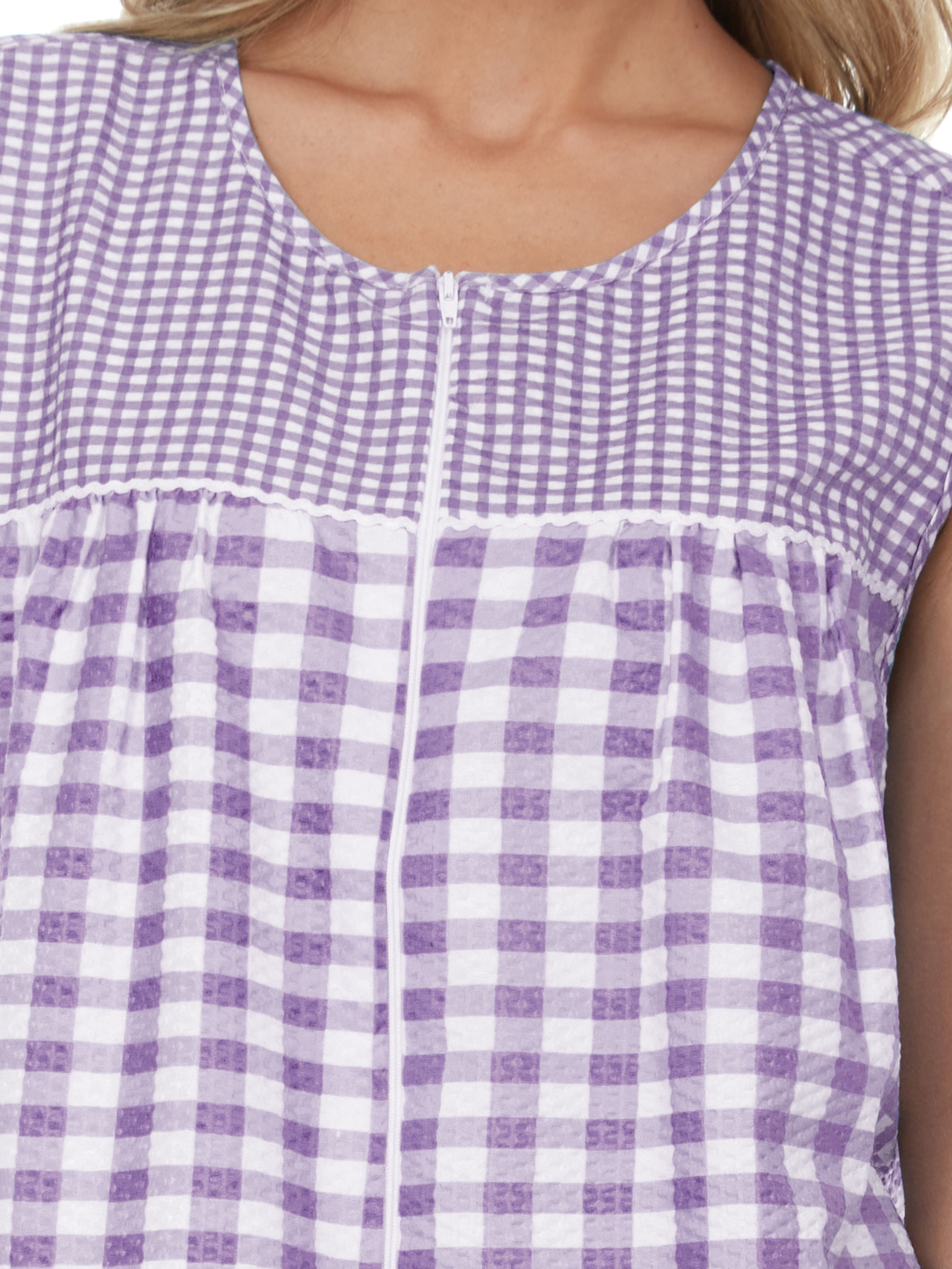 EZI House Dresses for Women with Pockets Moo Moos Gingham House Coat Sleevless Zipper Duster Dress - Medium to Plus Size