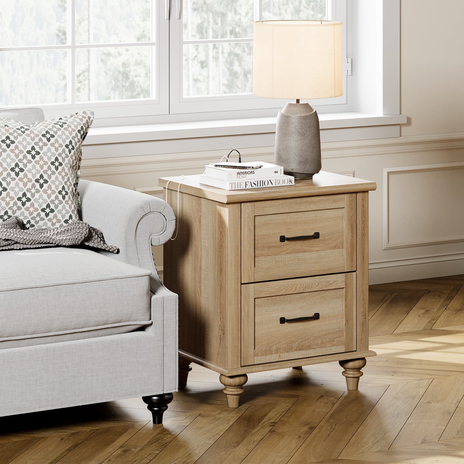 Nightstand with Charging Station, Farmhouse End Table with 2 Drawers & Wood Legs for Bedroom, Light Rustic Oak