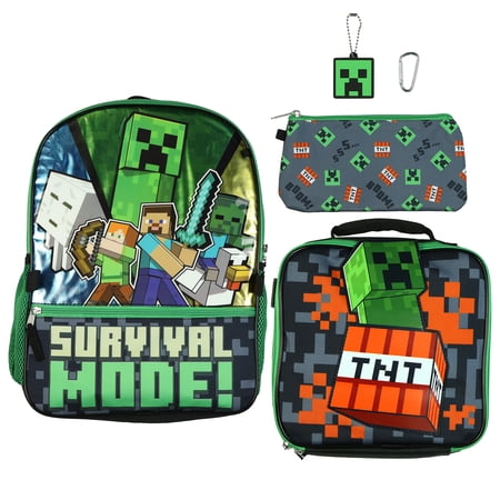 Minecraft Survival Mode Backpack 16 5 Piece Set with Lunchbox Kids Book Bag Combo