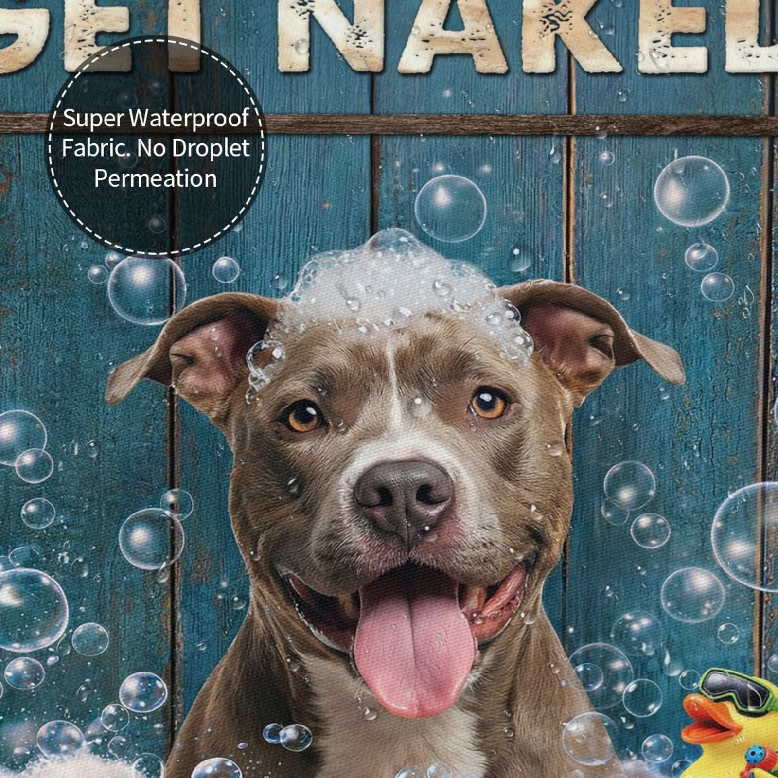 Funny American Pit Bull Terrier Shower Curtain with Hooks - Get Naked Humorous Bath Decor, Waterproof Fabric, Cute Dog in Bubbles with Duck, Funny Bathroom Accessory for Dog Lovers - 60"x72"