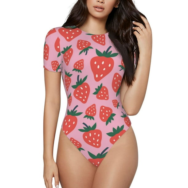 Balery Cartoon Strawberry Body de cuello redondo de manga corta para mujer Tops de manga corta Tops básicos-Medium