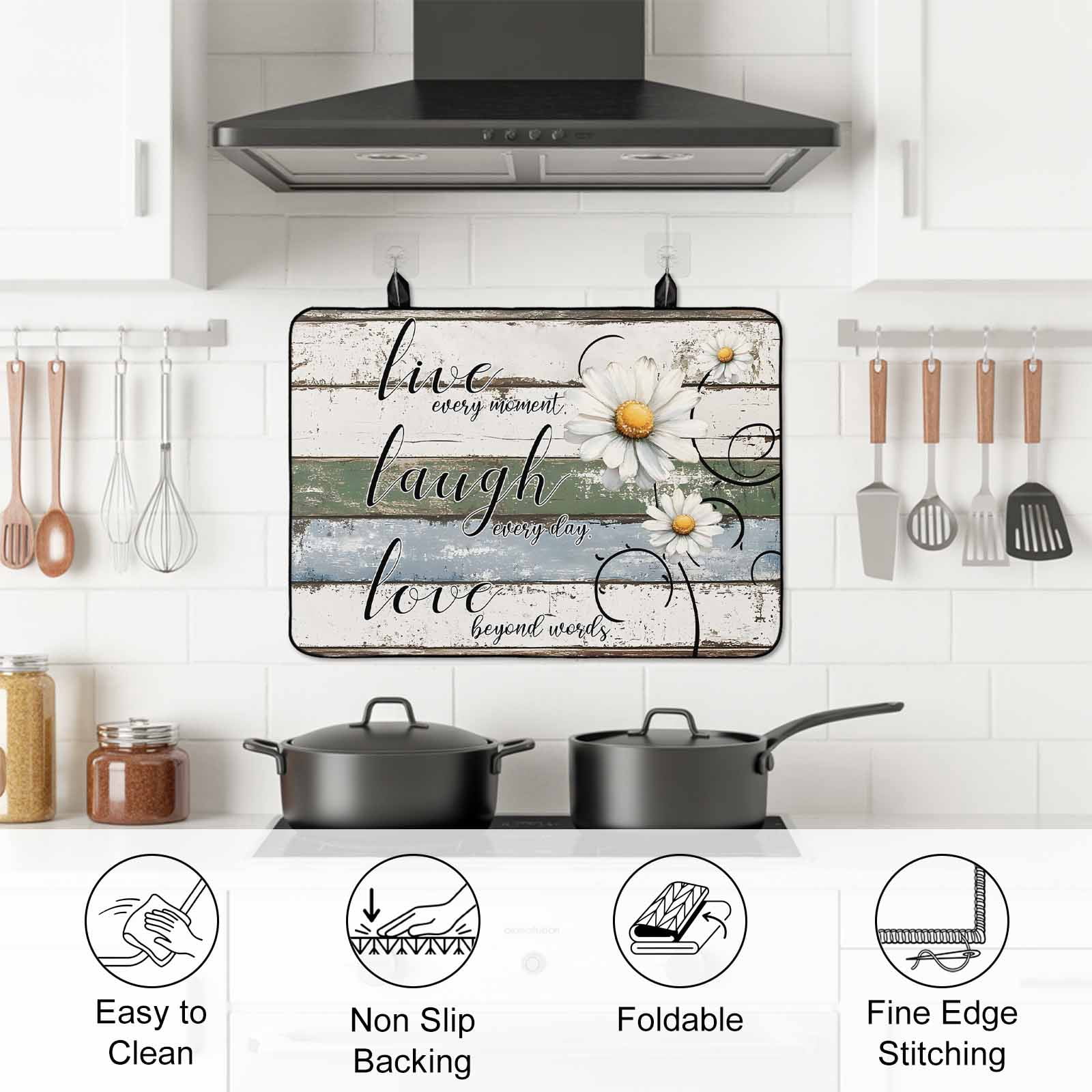 White Green Blue Stove Top Cover for Electric Stove, Heat-proof & Non Slip Glass Top Stove Cover Protector, Vintage Wooden Rustic White Daisy Floral Kitchen Flat Cooktop Rubber Mat 24x21 Inches