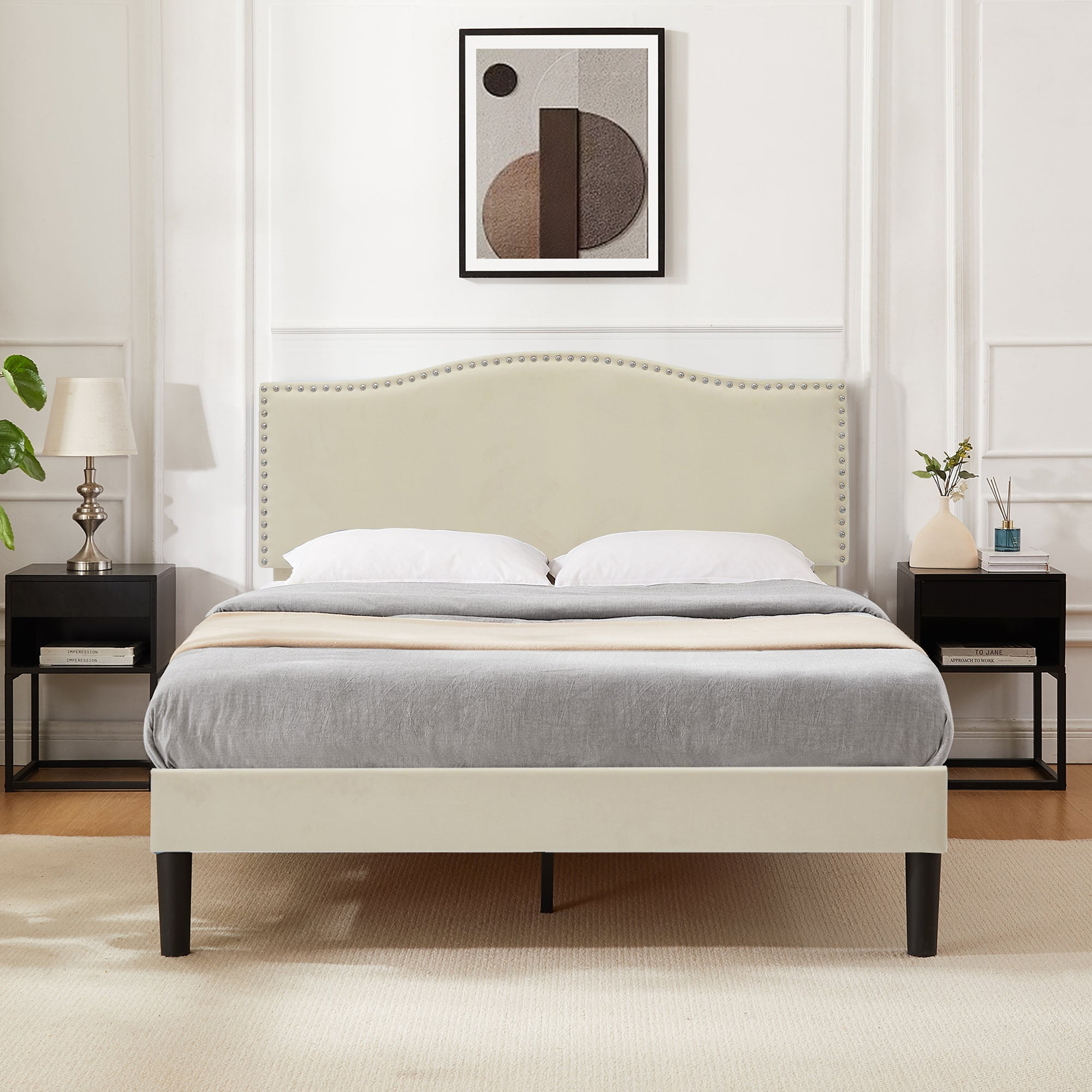 Javlergo Full Size Platform Bed Frame, Upholstered Bed Frame with Adjustable Headboard, No Box Spring Needed, Wooden Slats Support, Mattress Foundation, Beige