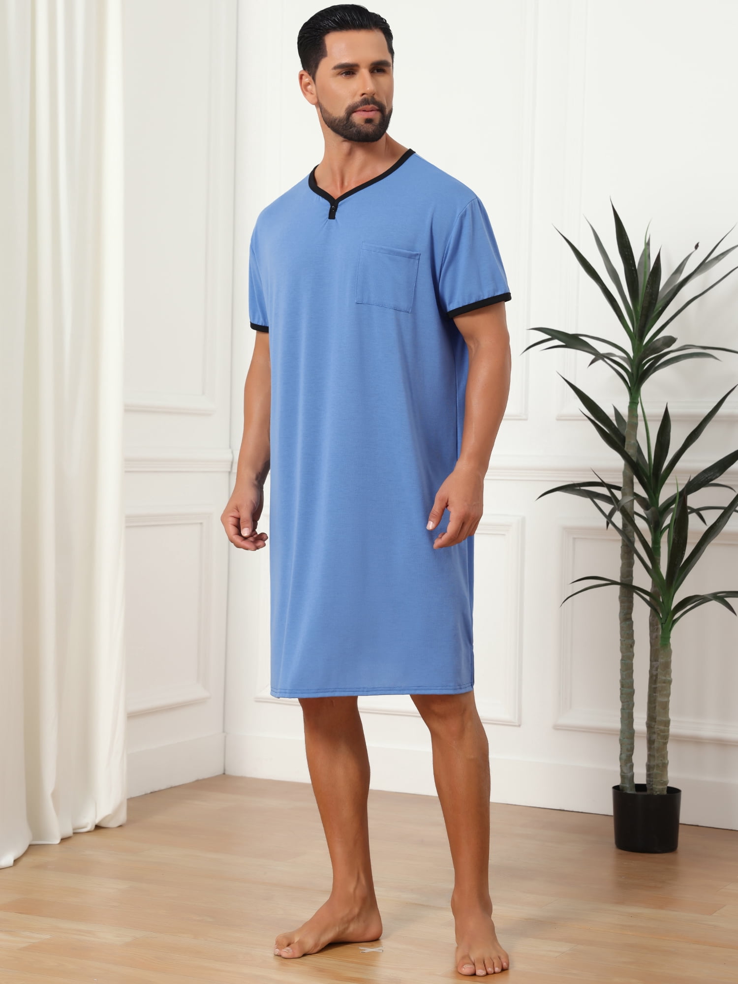 DARING DIVA Men's V-Neck Colorblock Trim Short Sleeve Chest Pocket Pajama XL Light Blue