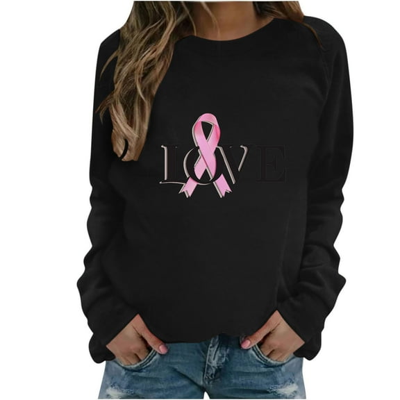 ChaoHeng Sweatshirts for Women Crewneck Casual Prevent Breast Cancer Long Sleeve Shirts (Black,S)