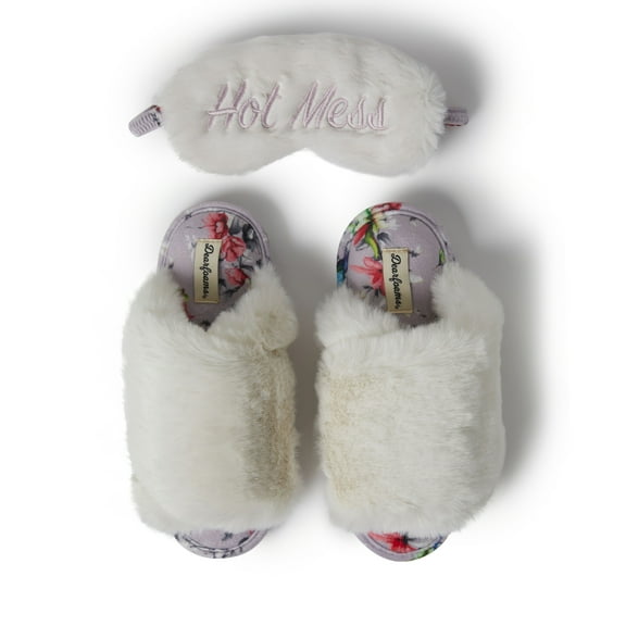 Dearfoams Women's Louise Fuzzy Cross Band Slide Slipper with Eyemask Gift Set
