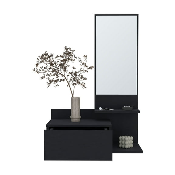 Floating Wall Cabinet with Mirror - Black Space-Saving Hallway Storage 23.6"W X 13.7"D X 36.2"H, Includes Shelf & Drawer
