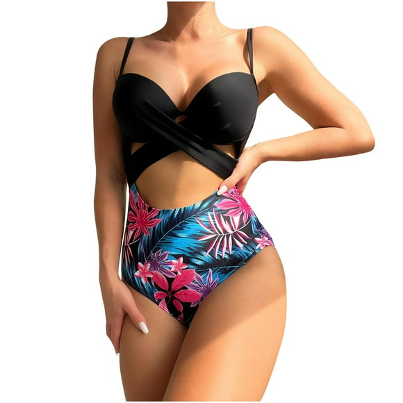 Virmaxy Women's Alluring Criss Cross High Waisted Cut Out One Piece Monokini Swimsuit Alluring Rainforest Printed Alluring Cut-Out Swimsuit Tummy Control Slimming Bathing Suits Black XL