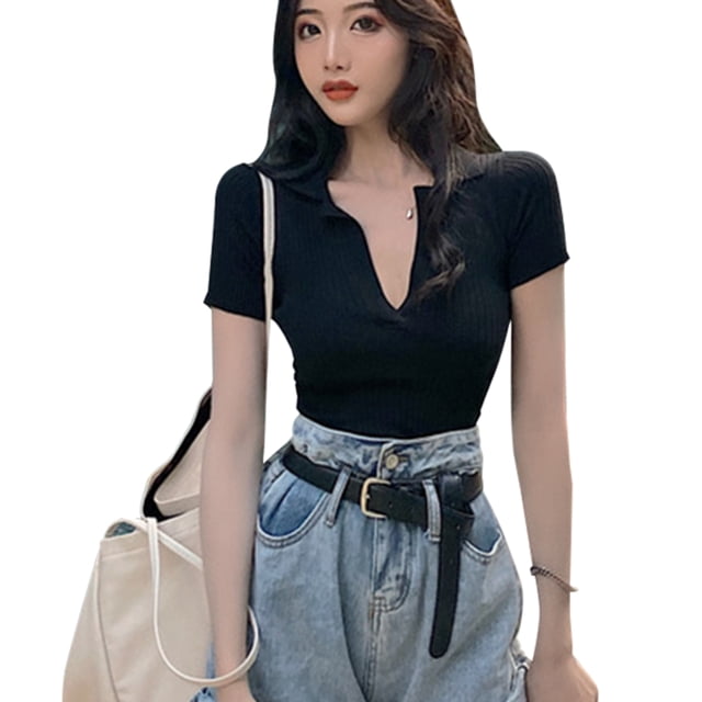 Camisa de mujer Blusa de manga corta con cuello en V profundo Top corto de punto sexy, Negro Methold AP001386-03B