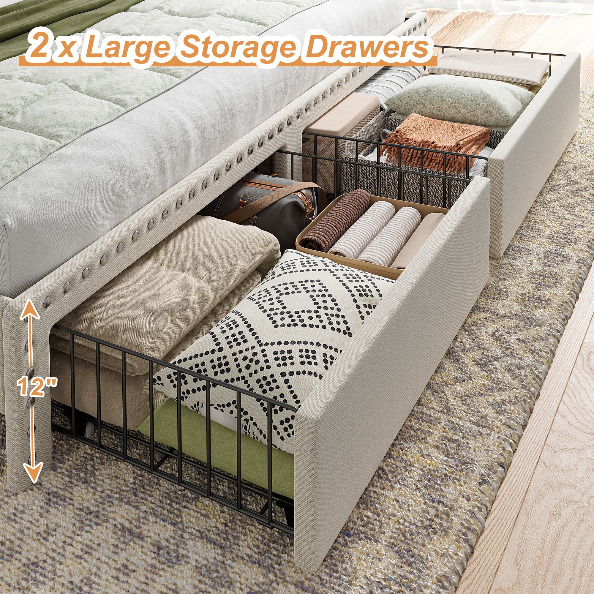 Bed Frame Full Size with Storage Headboard Upholstered Bed Frame with 2 Drawers & Side Storage Pocket,Beige