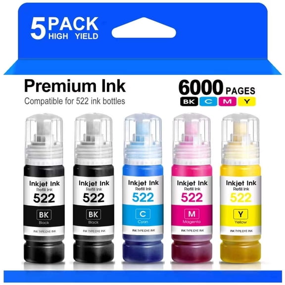 522 Ink Refill Bottles compatible for Epson 522 ink bottles for Epson EcoTank ET-2803 ET-2800 ET-4800 ET-2400 Printers(5 Pack)