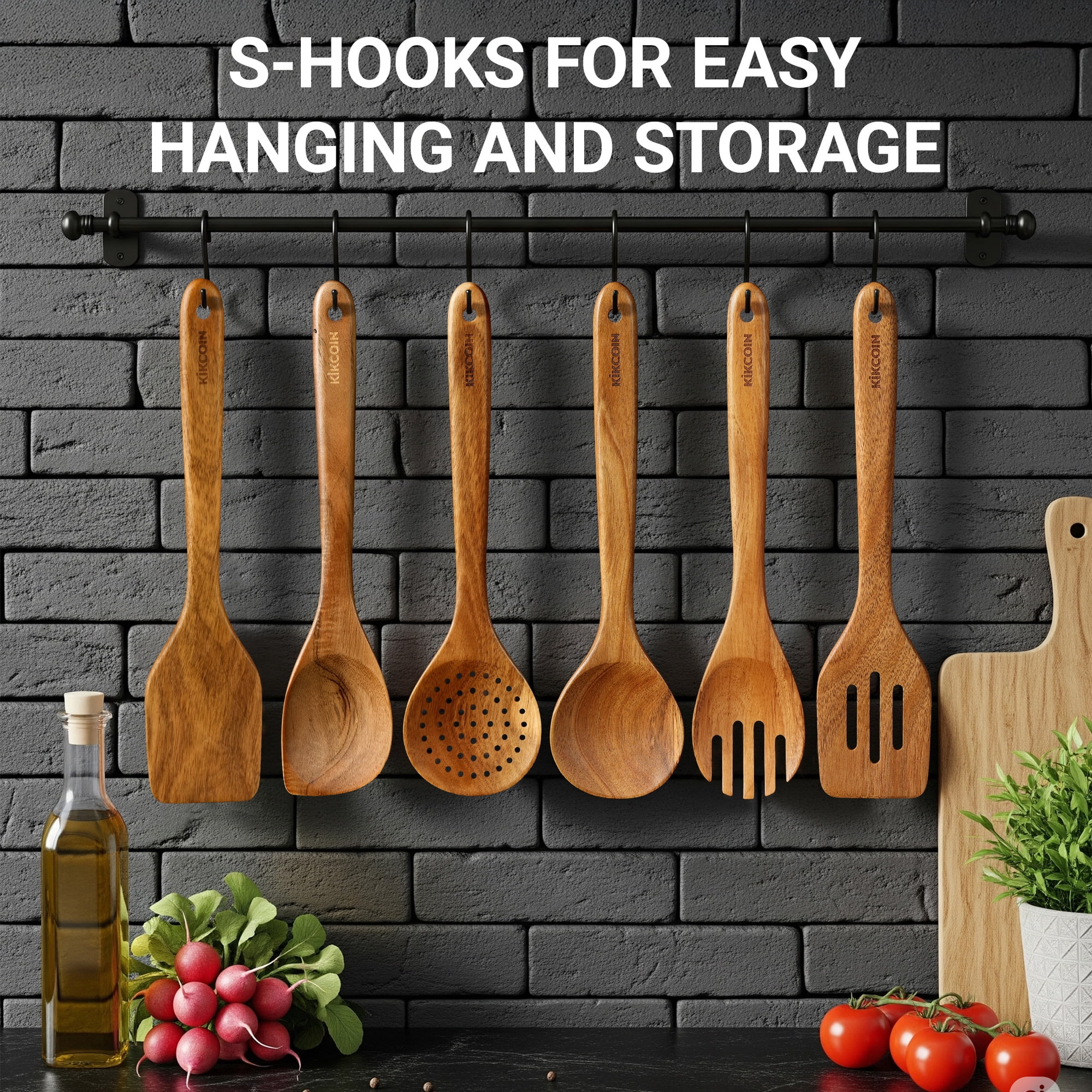Kikcoin 6-Piece Acacia Wood Cooking Utensil Set with Hooks photo 7