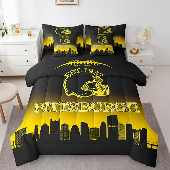 Erosebridal American Football 7 Pieces Comforter Sets Twin Size Pittsburgh Bedding Set for All Season Gifts for Football Fans Football City Bed in a Bag with Comforter