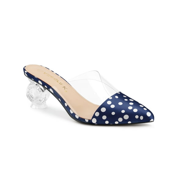BLISSFUL STEP Women's Polka Dots Clear Block Heels Slides Mules Blue (Size 7.5)