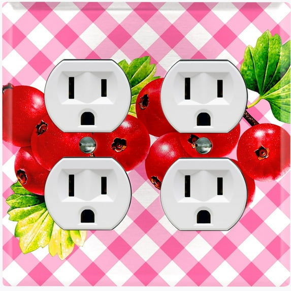 Metal Light Switch Plate Cover Gingham Cranberry Fruit Leaf Picnic Pink FUT002