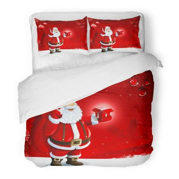 RYLABLUE 3 Piece Bedding Set Cartoon Santa Claus Holding Box On Red Christmas Xmas Border Bright Celebration Cold Twin Size Duvet Cover with 2 Pillowcase for Home Bedding Room Decoration