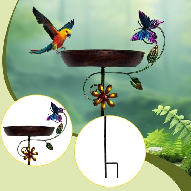 Comedero para pájaros, cuenco para baño de pájaros, adorno de jardín con estaca, cuenco de agua de hierro, baño de pájaros de metal para decoración de Mariposa