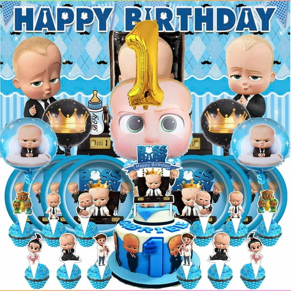 Boss Baby White Boy 1st Tableware Balloons Cake Toppers Backdrop Banner Supplies Party Decor Plates Decorations