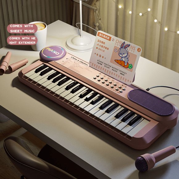 Funtogether Toys Kids Piano Keyboard, 37-Key Portable Electronic Musical Instrument with Microphone & Music Stand, Educational Toy for Beginners with Record & Play Function