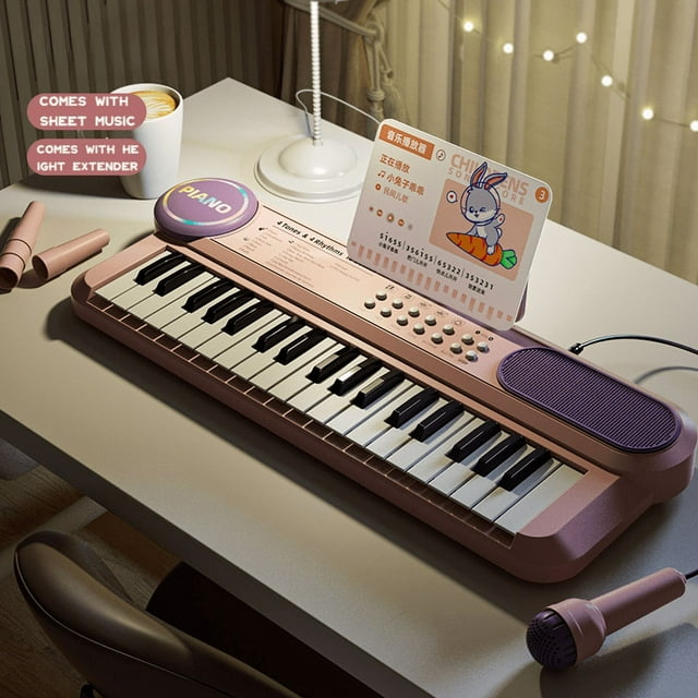 Funtogether Toys Kids Piano Keyboard, 37-Key Portable Electronic Musical Instrument with Microphone & Music Stand, Educational Toy for Beginners with Record & Play Function