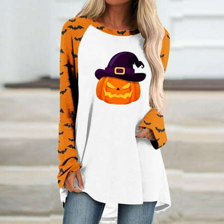 

Juebong Halloween Pumpkin Printed Raglan Pullover Tops for Women Loose Fit Long Sleeve Crew Neck Sweatshirt Color Block Splicing Shoulder Round Neck Flowy Tunic Long Blouse Shirts