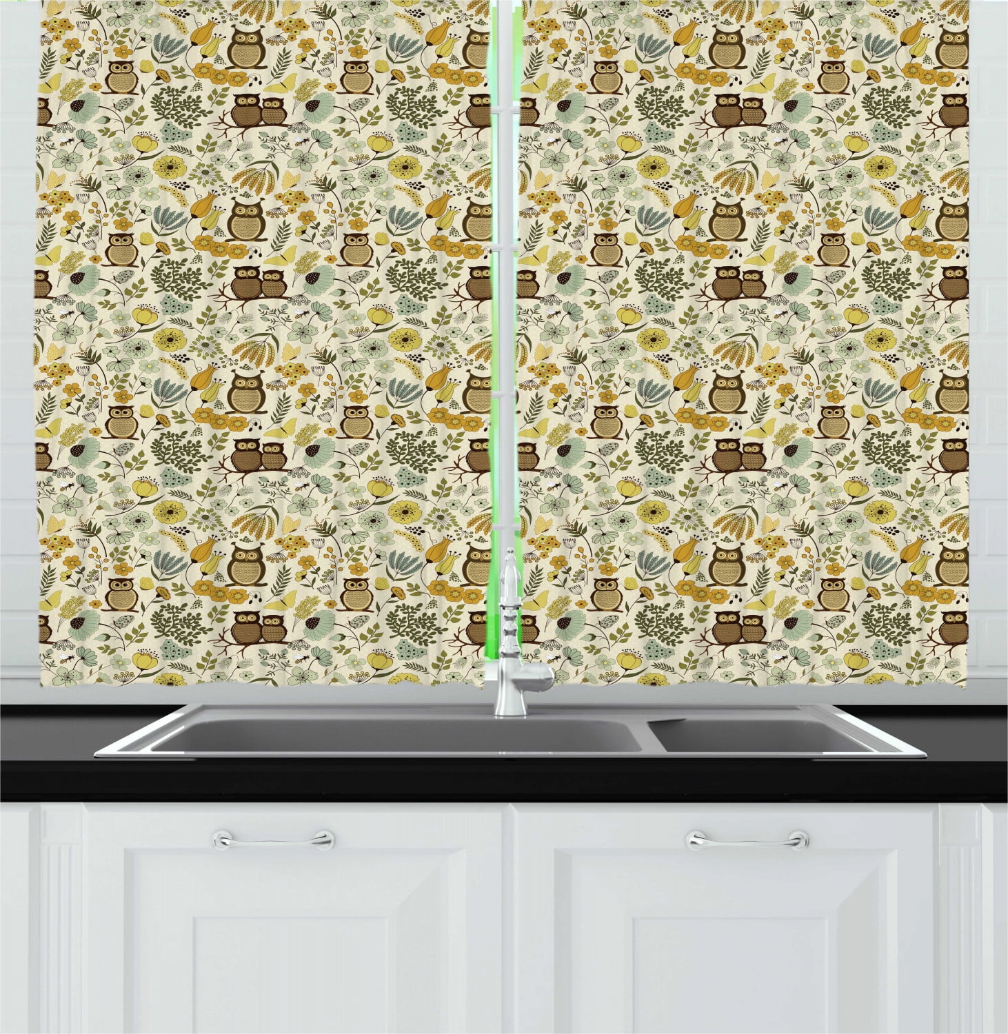 Owl Curtains 2 Panels Set, Floral Pattern with Cute Cartoon Birds