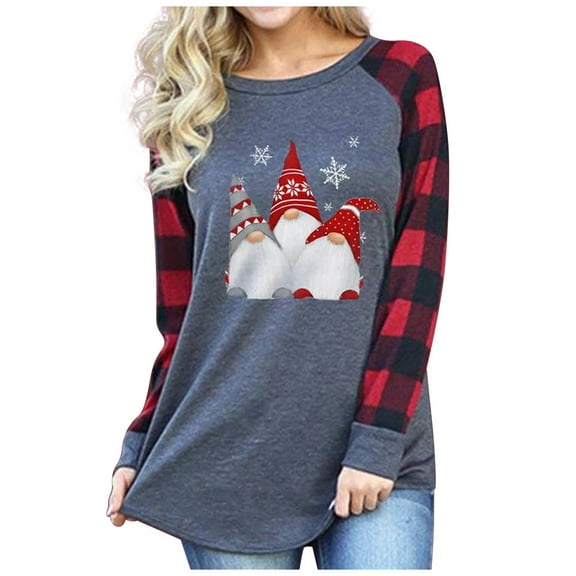 2026 ! asdoklhq Womens Plus Size Tops,Women's O-Neck Long Plaid Sleeve Scandinavian Christmas Gnome Print Casual Top