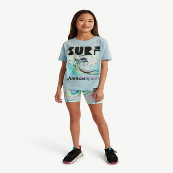 Justice Girl's J-Sport Active Oversized T-Shirt and Bike Shorts Outfit Set, 2 Piece, Sizes XS-XLP