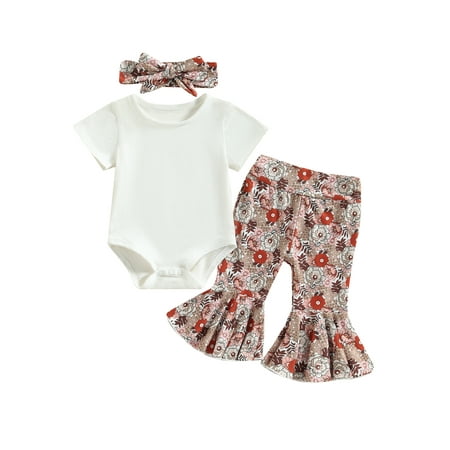 

jaweiwi Baby Girls Flare Pants Clothes Set 0 6M 12M 18M 24M Toddler Outfits for Girl Short Sleeve Romper with Flower Print Bell-bottoms and Bowknot Headband