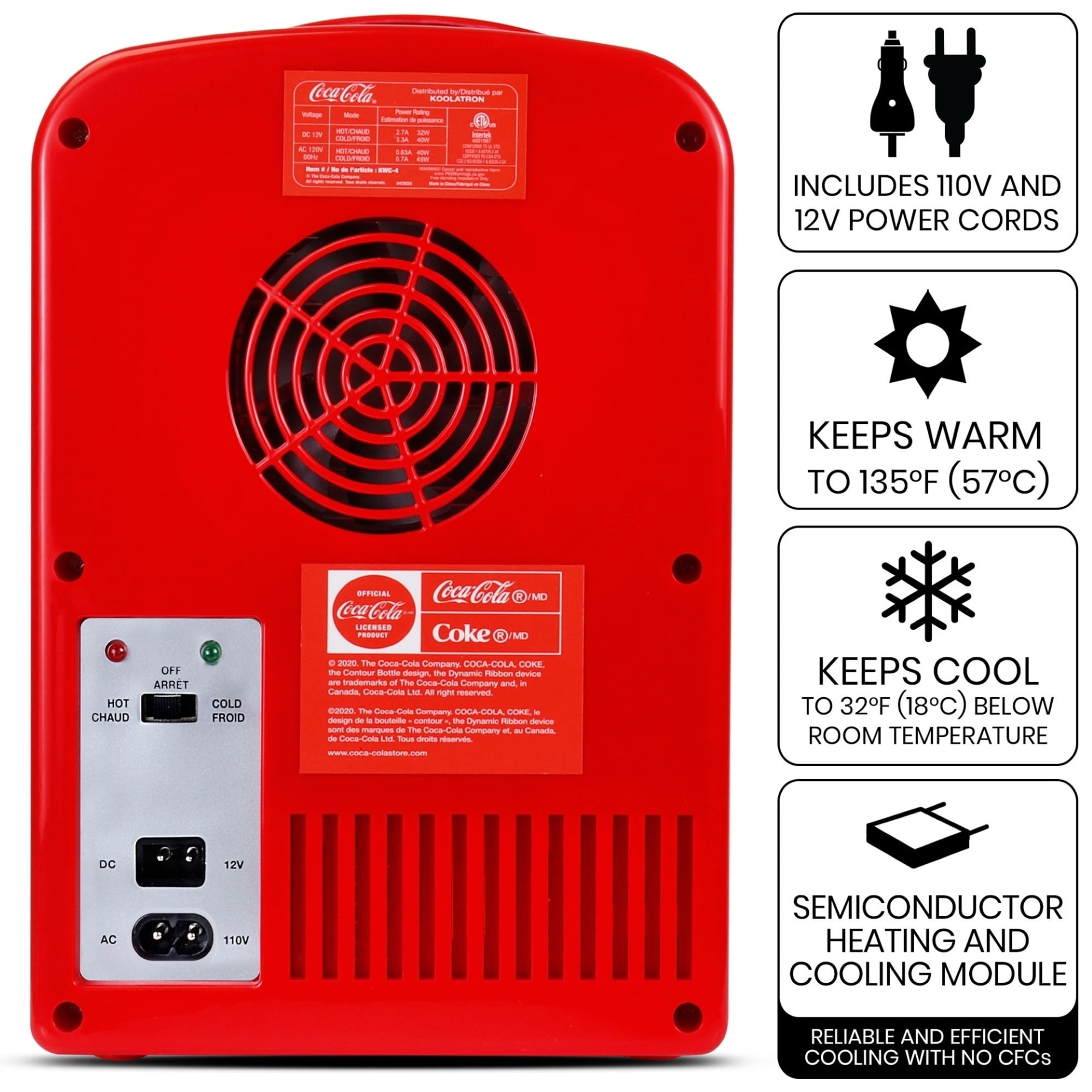 Coca-Cola Polar Bear 4L Mini Cooler Warmer 12V DC and 110V AC Cords, 6 Can Portable Mini Fridge, Personal Travel Refrigerator for  Desk Home Office Dorm, Red