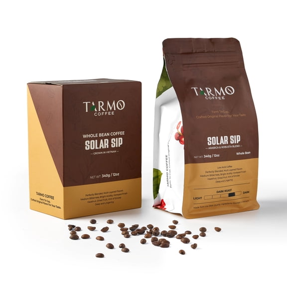 TARMO - SOLAR SIP | Low Acid 100% ARABICA Whole Bean Coffee | Specialty Vietnamese Coffee | Single Origin Dark Roast Coffee Beans | 12 Oz Bag