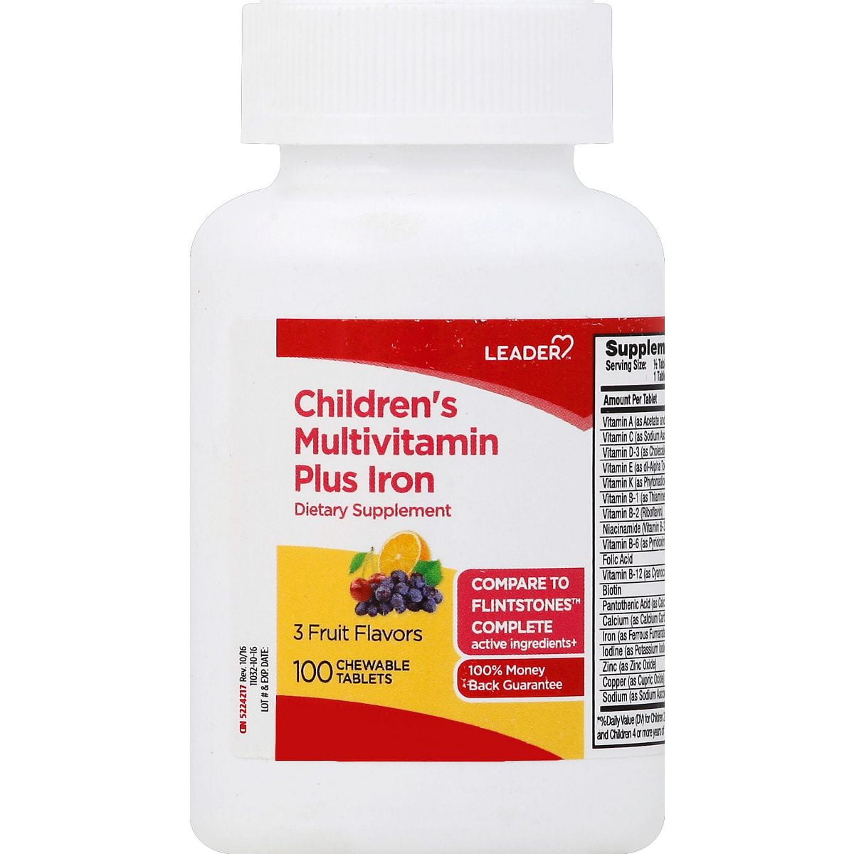 Leader Unisex Children's Nutritional Supplementation Multi + Iron, Chewable, Fruit, 100 Ct