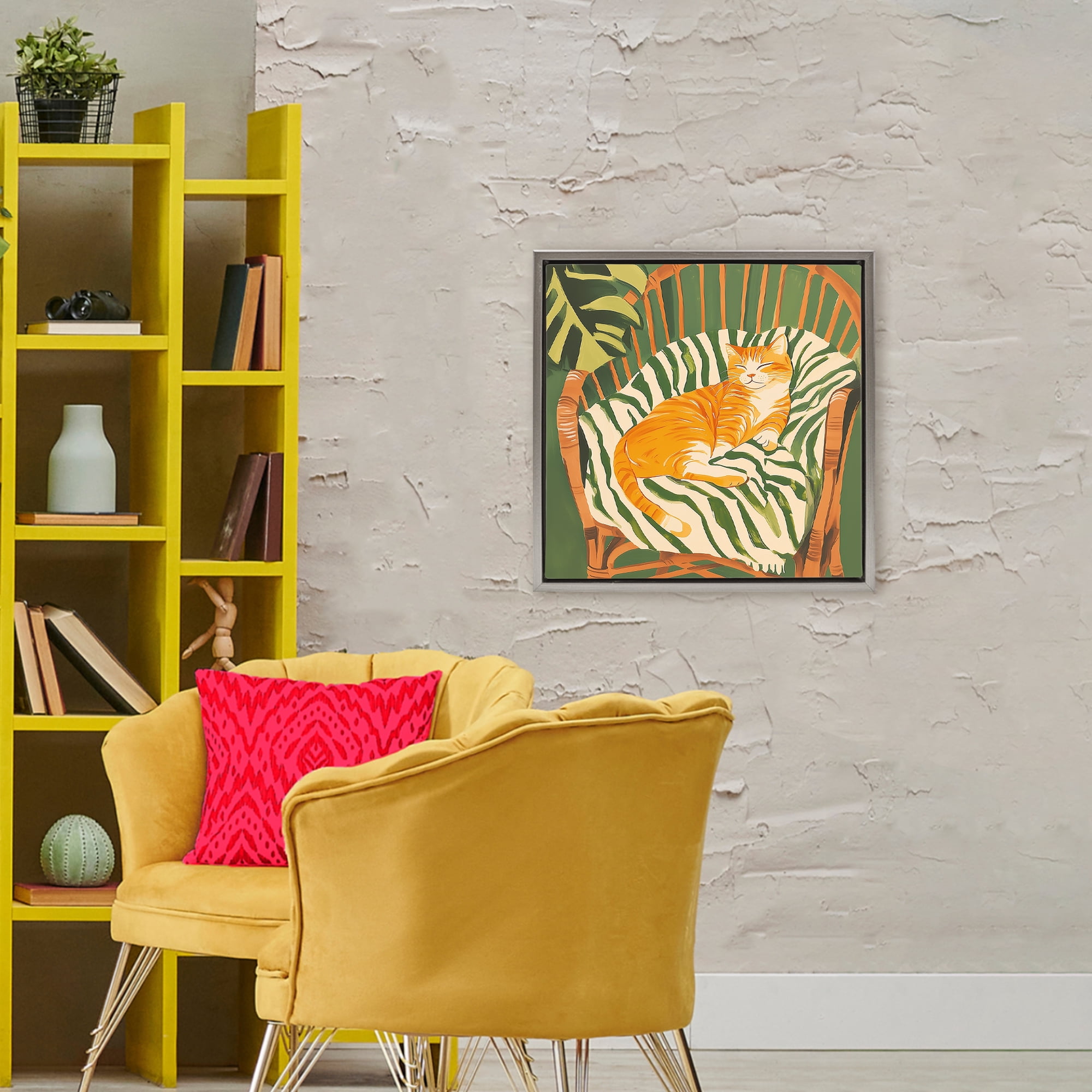 Stupell Industries Orange Cat in Rattan Chair Gray Framed Floater Canvas Wall Art, design by Walker Noble