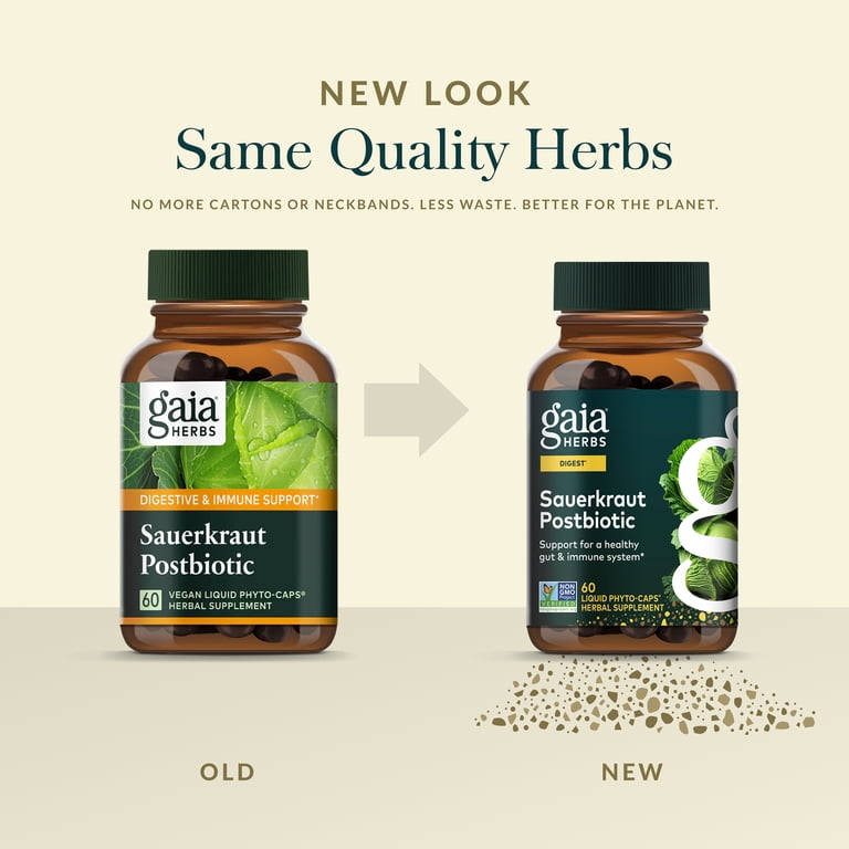 Gaia Herbs Sauerkraut Postbiotic, 60 Vegan Liquid Caps, Gut