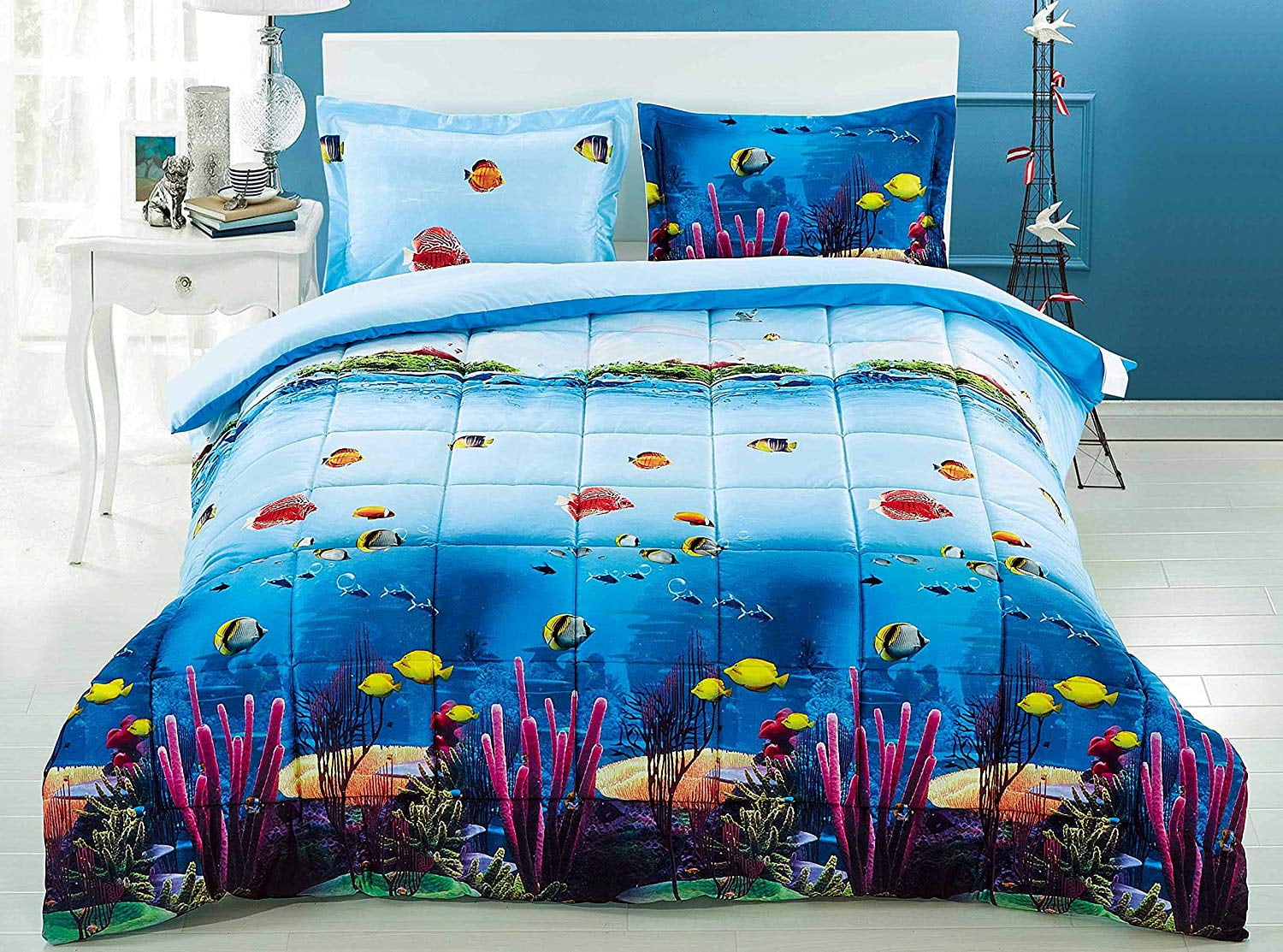 3 Piece 3D Comforter Set - 3D Ocean Fish and Corals Comforter Set Queen