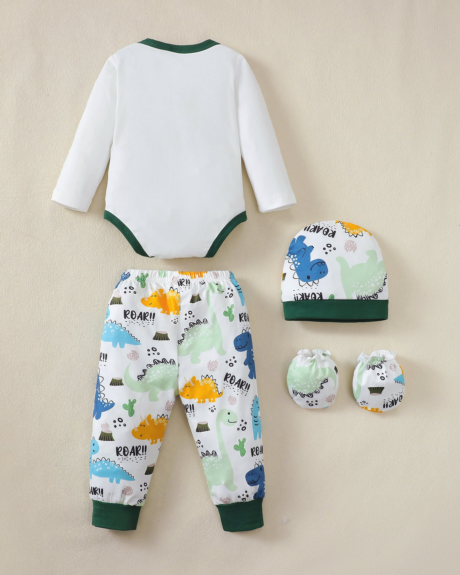 KIMI BEAR Newborn Baby Boys Layette Set 9-12 Months Winter Outfits Long Sleeves Dinosaur Print Romper Top Pants Gloves Hats 4 Packs Shower Gifts 16 Piece Set Green