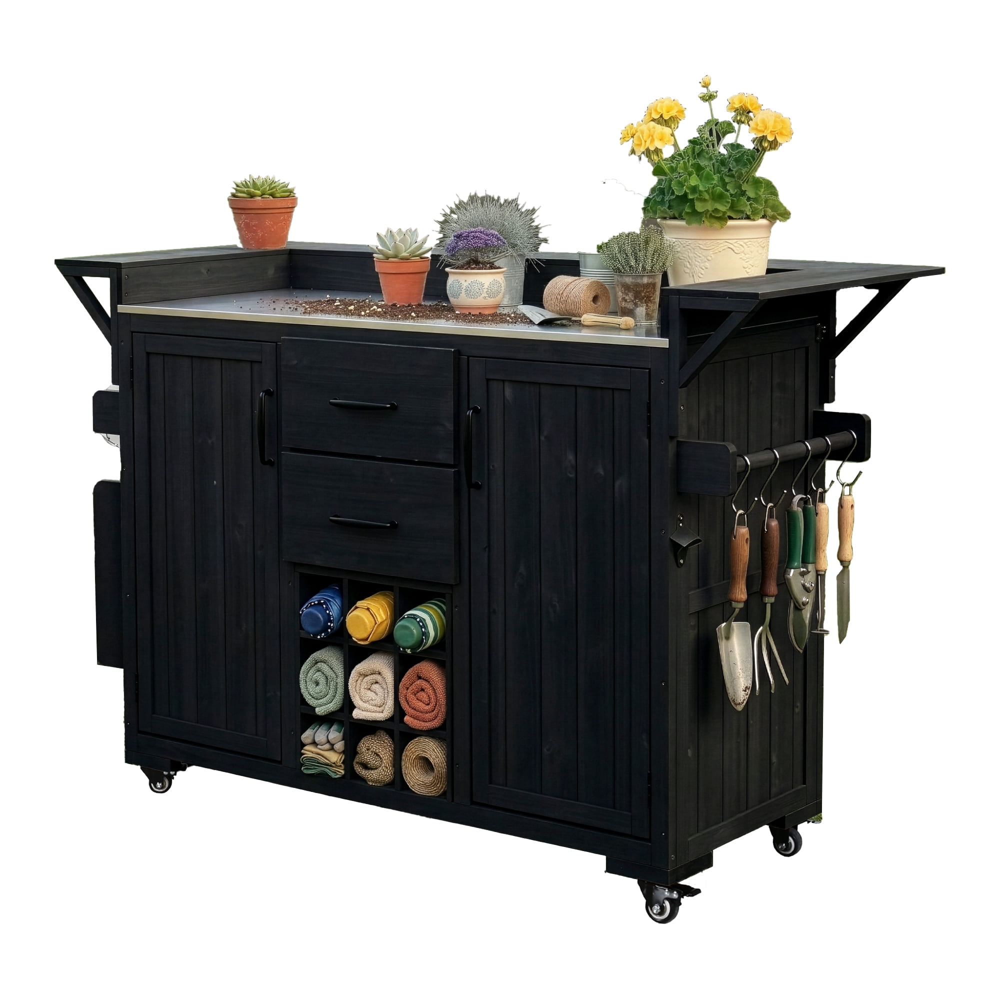Modern 60.2" Outdoor Kitchen Island with Wheels, Rolling Kitchen Island with Stainless Steel Top & Wine Rack, Patio BBQ Kitchen Cart with Spice Rack & 2 Drawers, Black