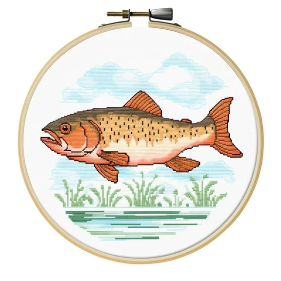Cartoon Simple Trout Fish DIY Stamped Cross Stitch Kits Easy for Beginners Children with Hoop 11CT Needlepoint Counted Embroidery Kits Art Craft Wall Decoration 12x12inch(3)