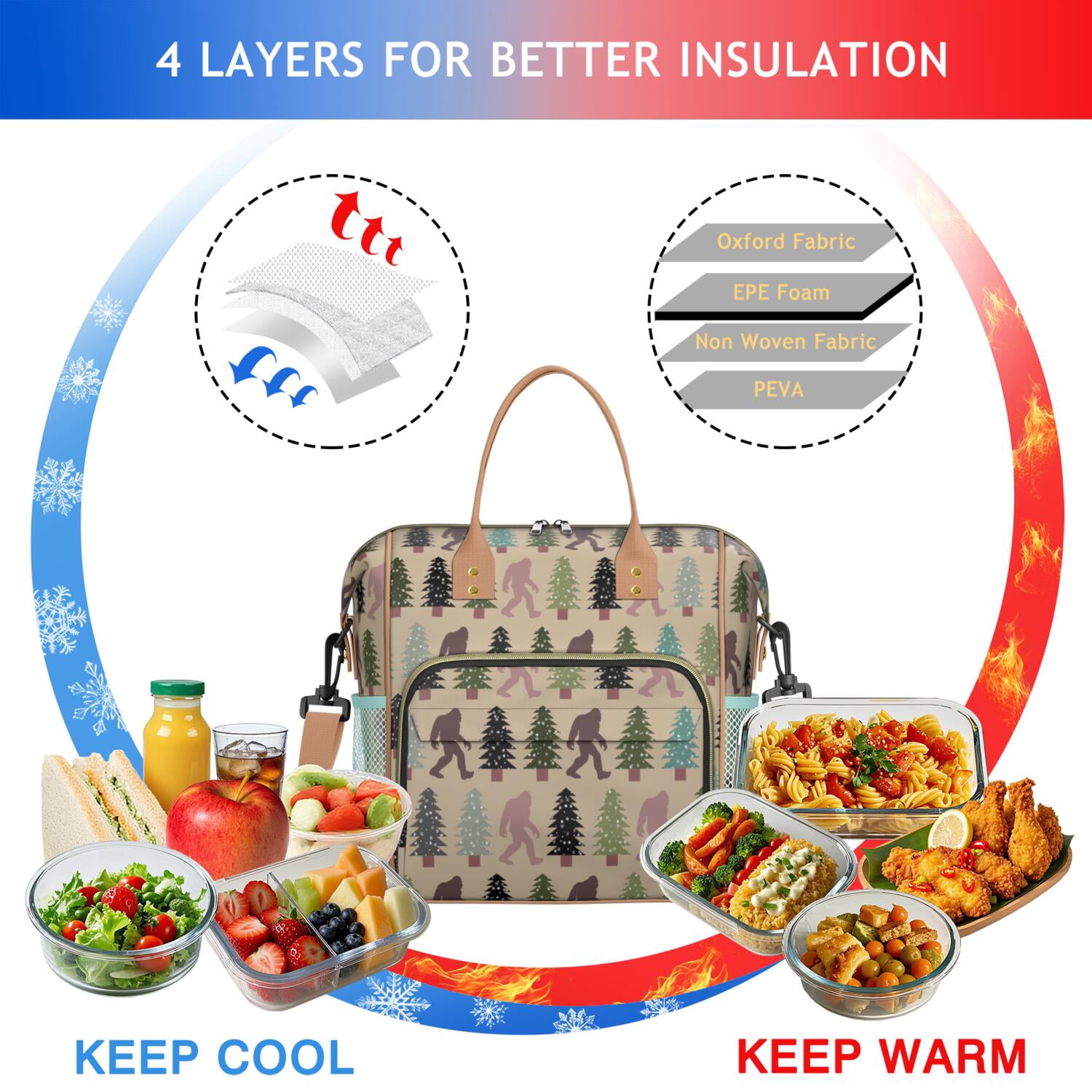 Bigfoot Insulated Lunch Bag – Funny Sasquatch Footprint Design Large Lunch Box, Leakproof Cooler Tote for Outdoor Hiking, Camping, or Office Lunches
