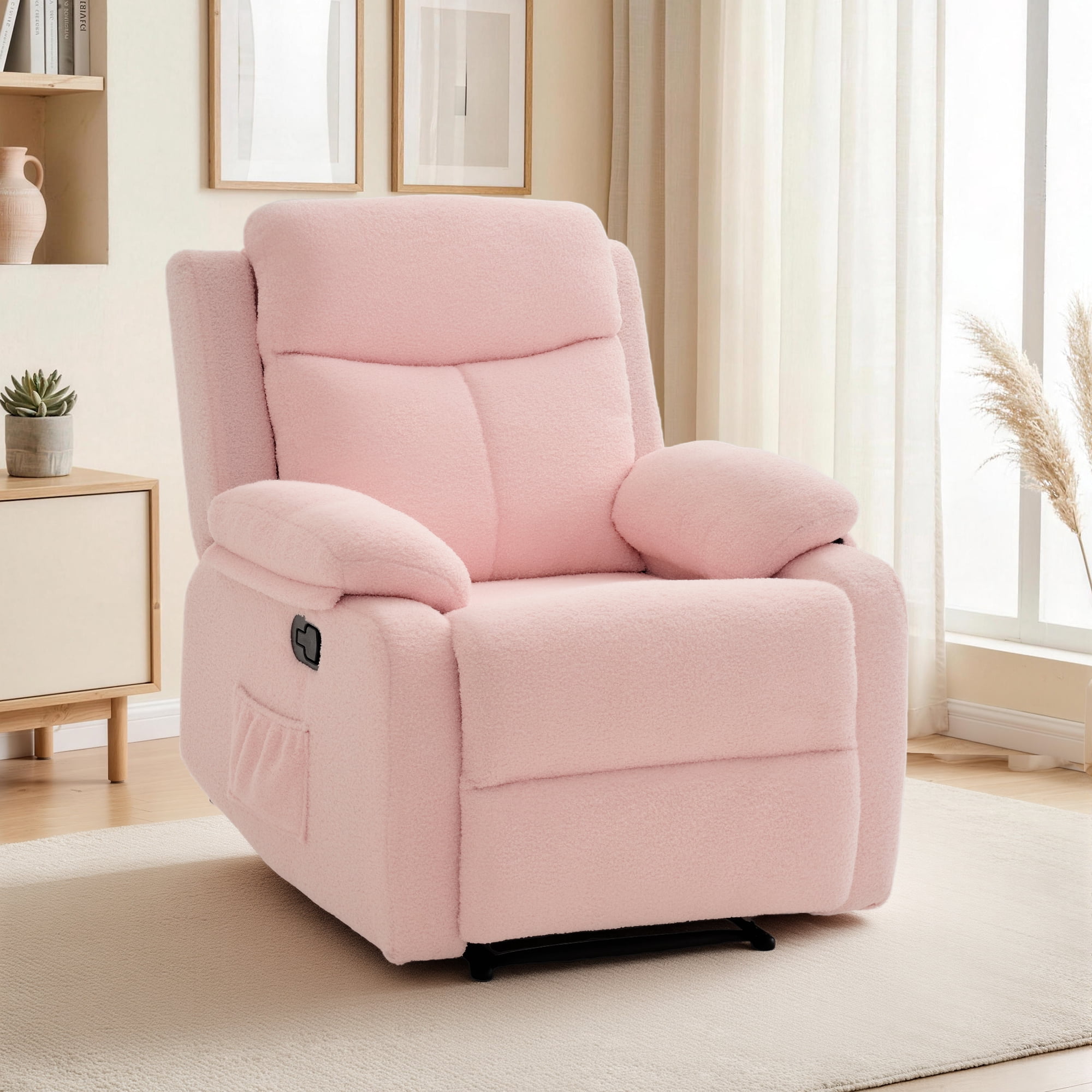 GEEYOO Manual Recliner Chair with Fixed Base,Small Recliner Chair for Small Spaces with Side Pockets for Living Room,Pink
