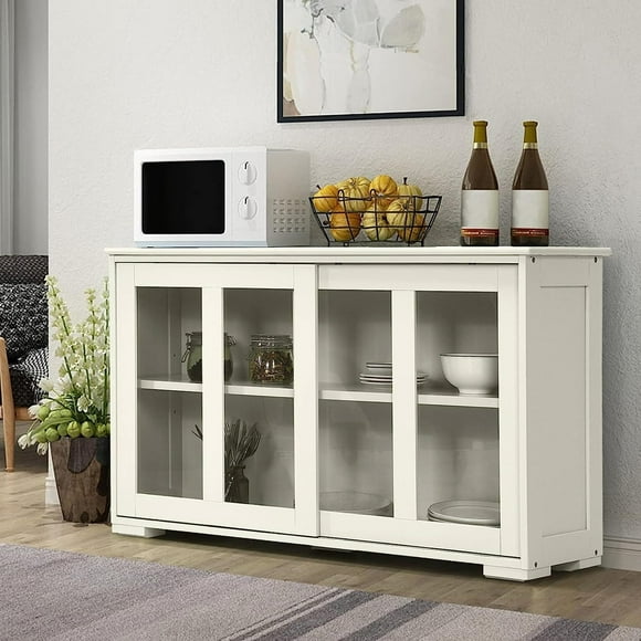 Byroce Sideboard Buffet Cabinet, Stackable Storage Coffee Bar Cabinet w/Adjustable Shelf & Glass Sliding Doors, Wood Cupboard Credenza Console Table for Kitchen Dining Living Room (1, Antique White)