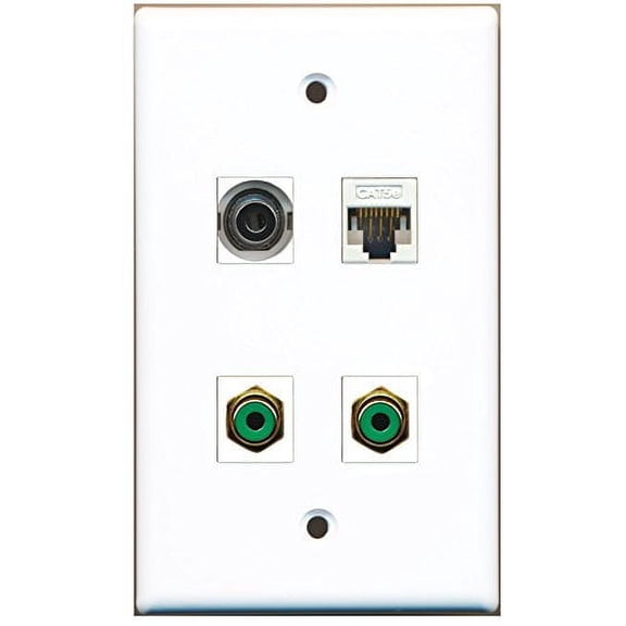RiteAV - 2 Port RCA Green 1 Port 3.5mm 1 Port Cat5e Ethernet White Wall Plate