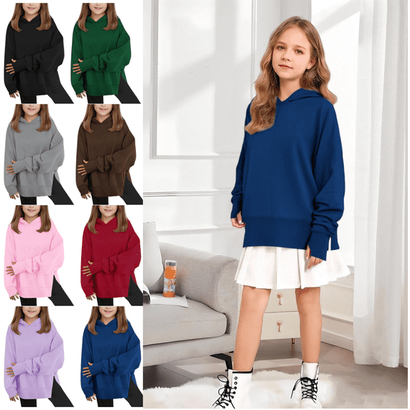 Xdegoge Girls Oversized Hoodie Long Sleeve Hooded Sweatshirt Kids Drop Shoulder Soild Color Casual Pullover Tops Thumb Hole Teen Side Plit Trendy Outerwear 2025 Winter Preppy Clothes Size 5-14 Years