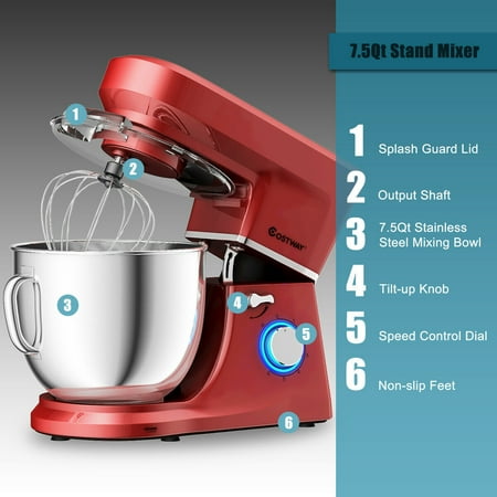 Costway - Tilt-Head Stand Mixer 7.5 Qt 6 Speed 660W with Dough Hook, Whisk & Beater - Red