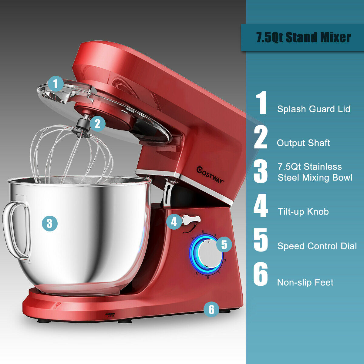 Costway Tilt-Head Stand Mixer 7.5 Qt 6 Speed 660W with Dough Hook, Whisk & Beater Red - image 5 of 10